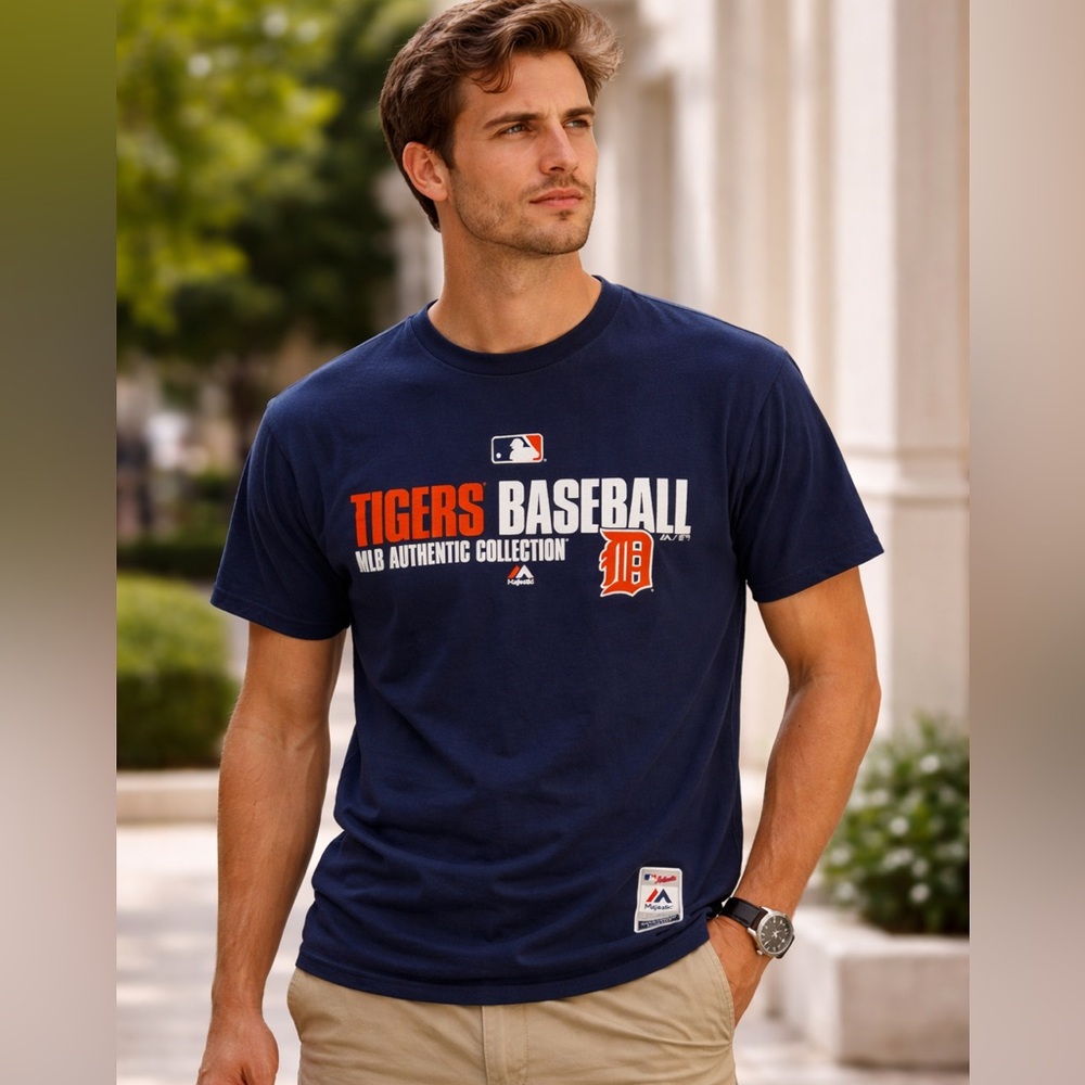 Detroit Tigers MLB Majestic Graphic Tee Navy Baseball Shirt Men’s L ⚾️